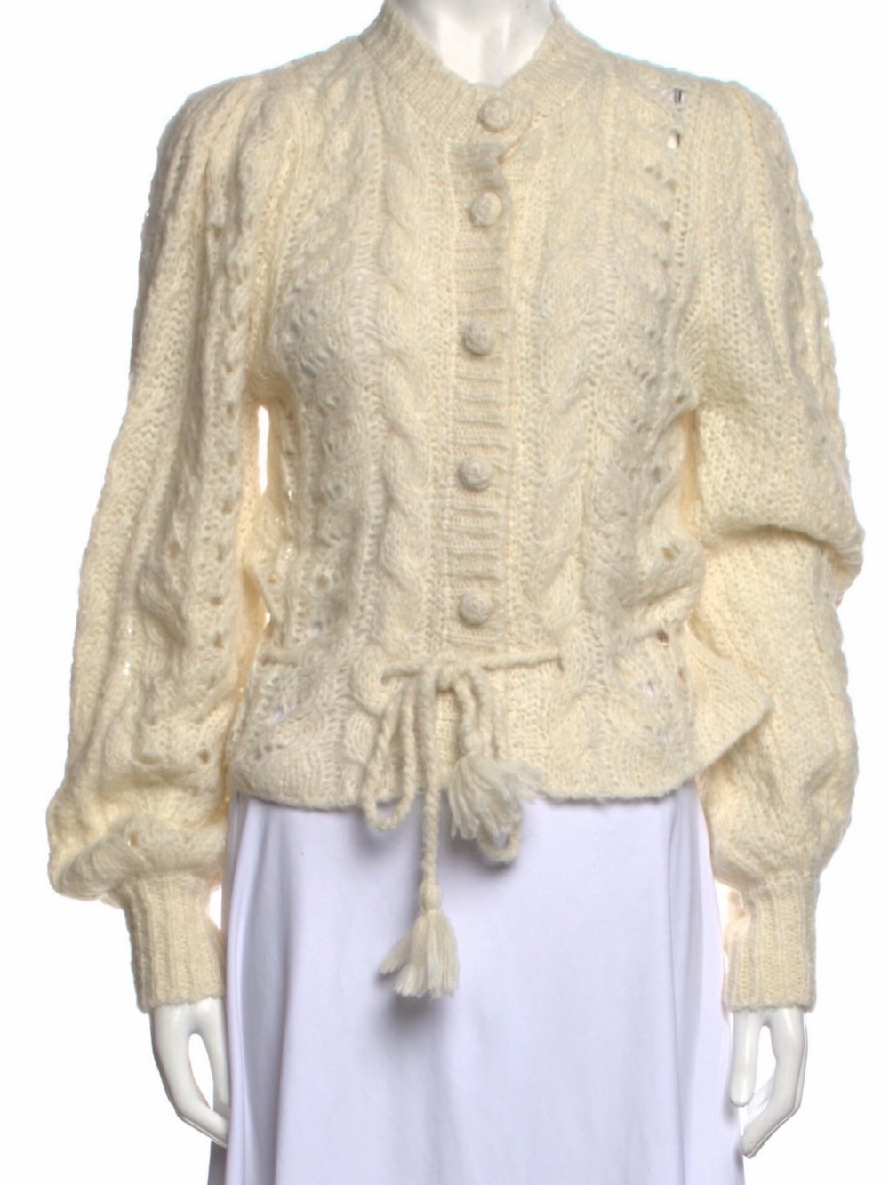 LoveShackFancy Cream Girard Alpaca Pointelle Cable Knit Cardigan Sweater